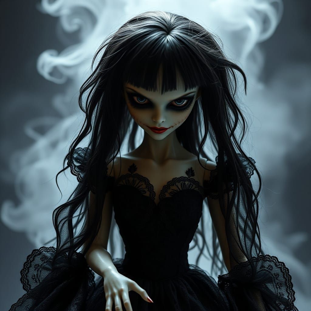 Ominous Porcelain Monster Doll in Black Lace