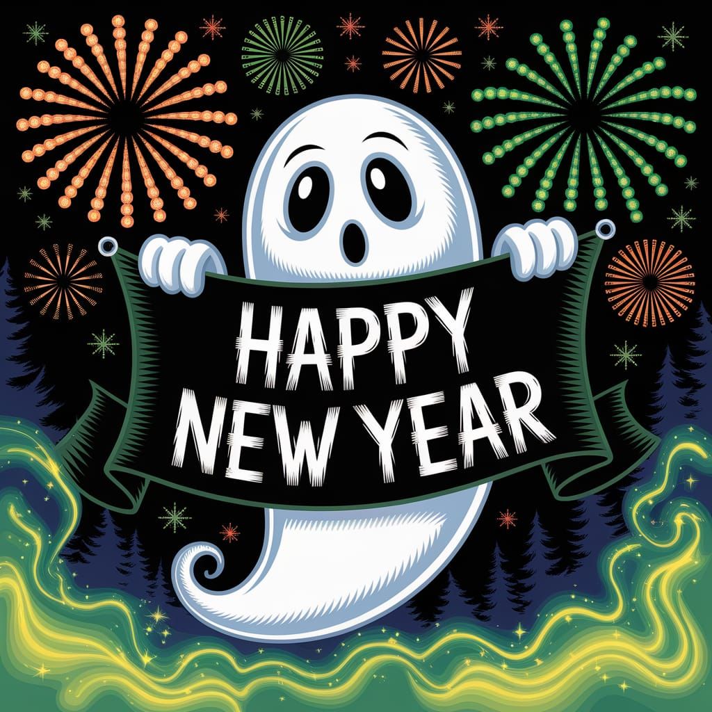 Whimsical Ghost Celebrates New Year with Fireworks