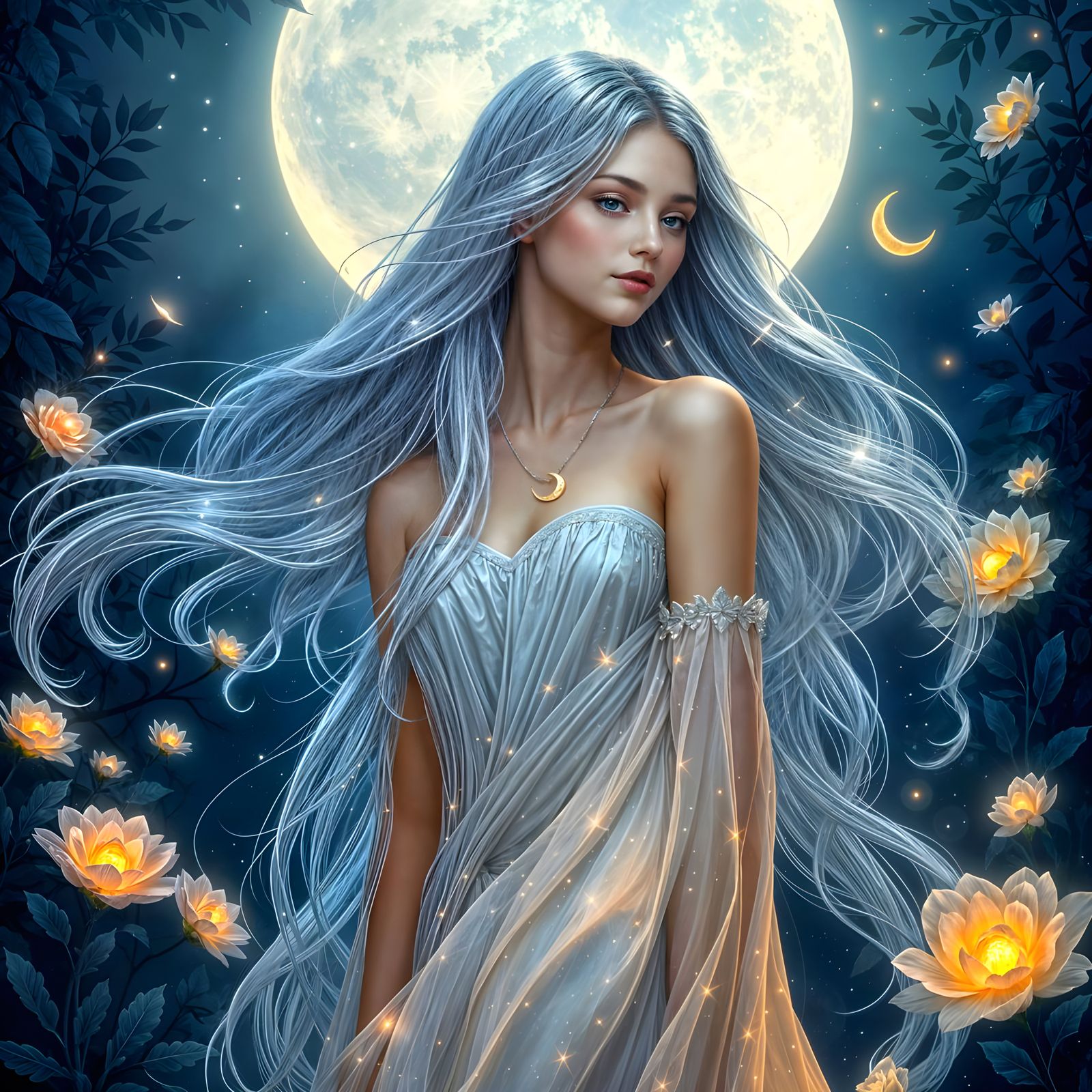 Lunar Goddess of Serene Mystique in a Soft, Silvery Glow