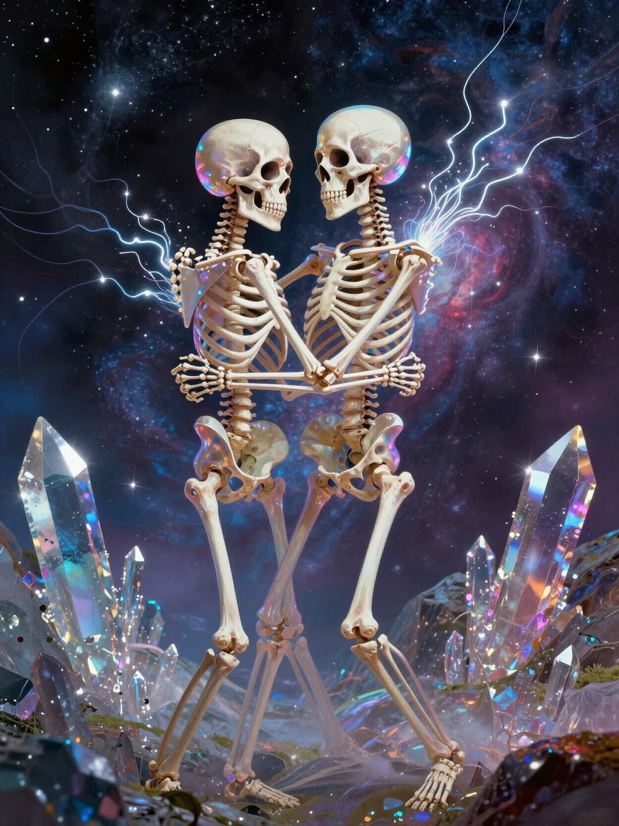 Skeletal Couple Embracing in Cosmic Dreamland