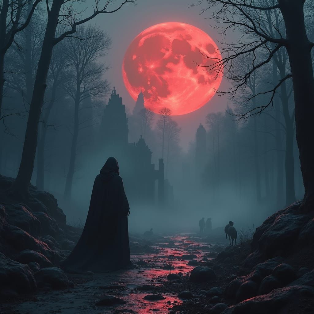 Gothic Landscape Unveils Dark Secrets Under Blood-Red Moon
