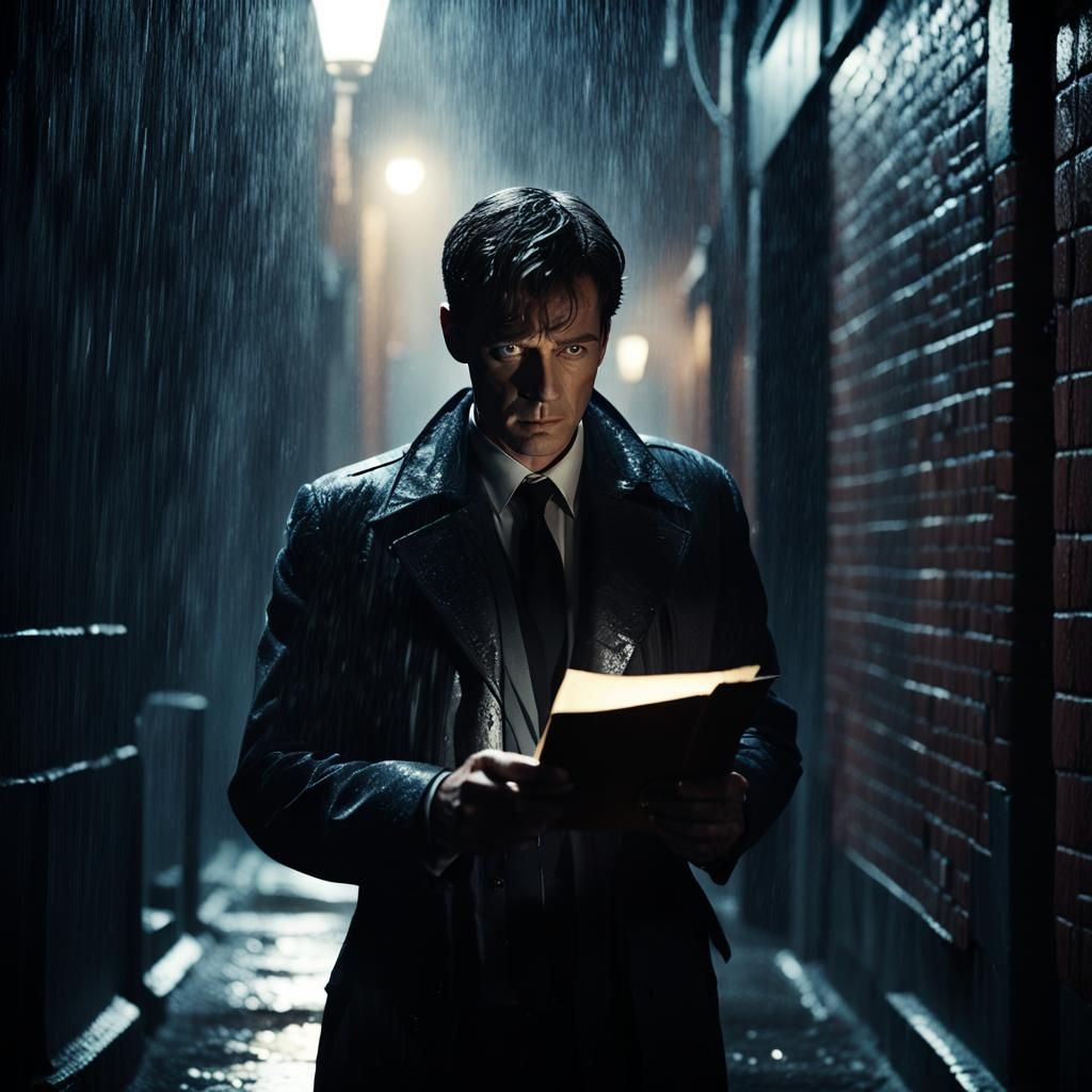 Dramatic Spy in Rainy Alley: Noir Film Still