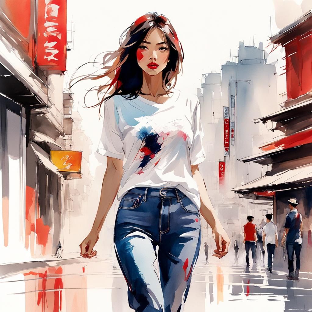 Korean Goddess Vogue Model in Watercolor Sketch