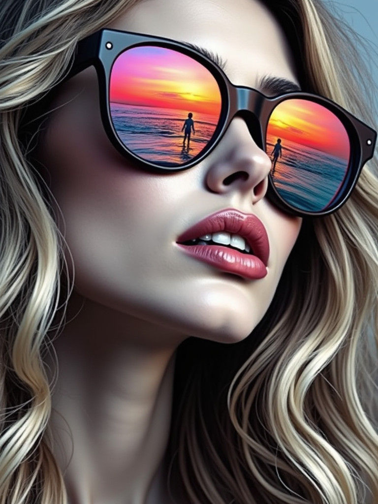 Hyperrealistic Woman with Beach Reflection at Sunset