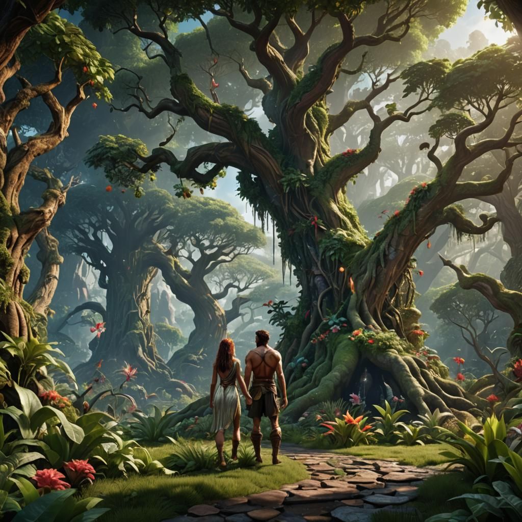 Adam and Eve in Eden: Detailed Matte Painting