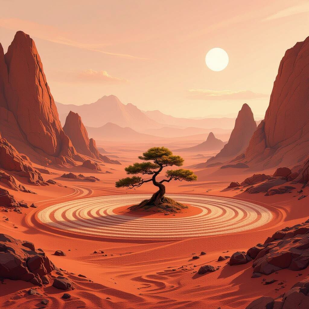 Martian Zen Garden with Bonsai, Digital Painting