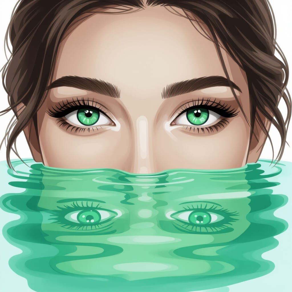 Face Close-up with Reflective Green Eyes in Sketch Style