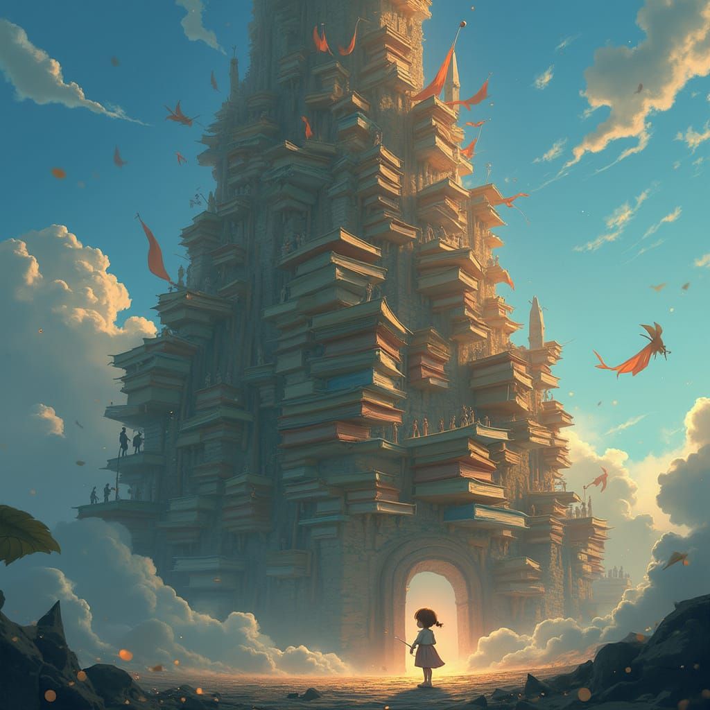Girl Beside Colossal Castle of Glowing Books