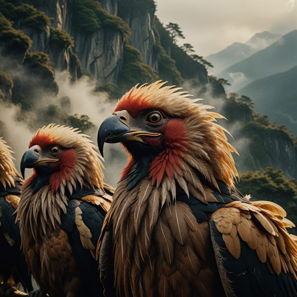 Tengu in Misty Mountains: A Cinematic Still