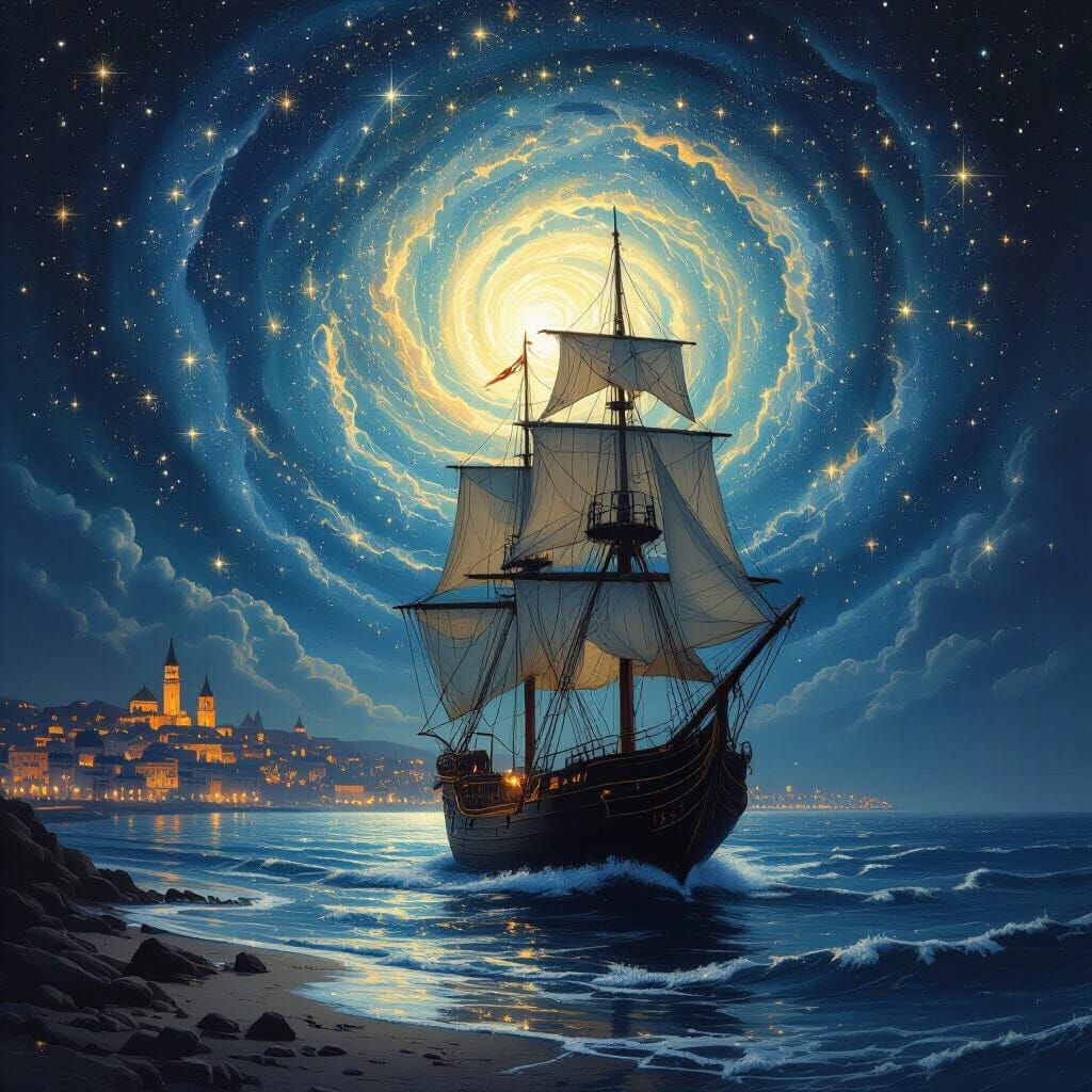 Sailing Ship Under Swirling Starry Night