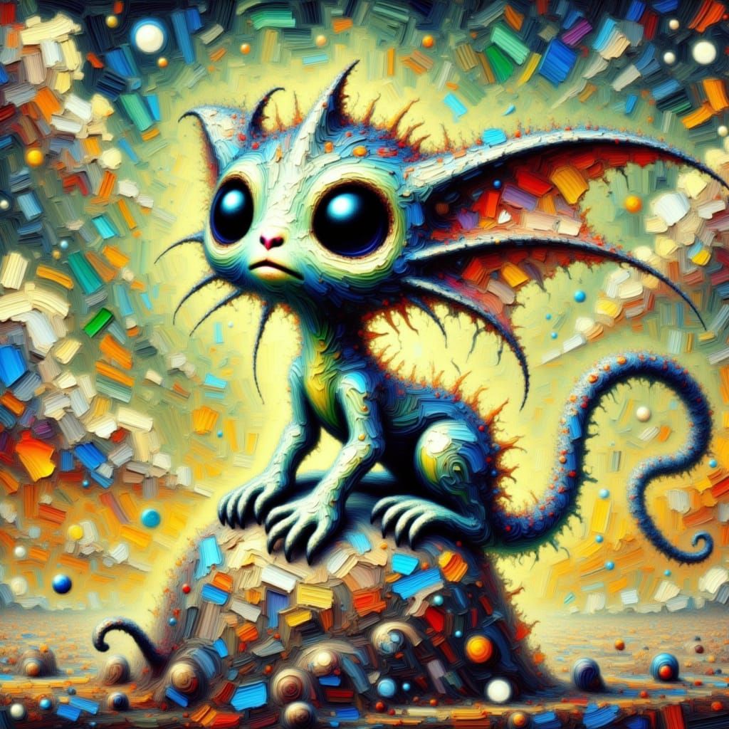 Chibi Alien Cat on Rock in Impasto Style