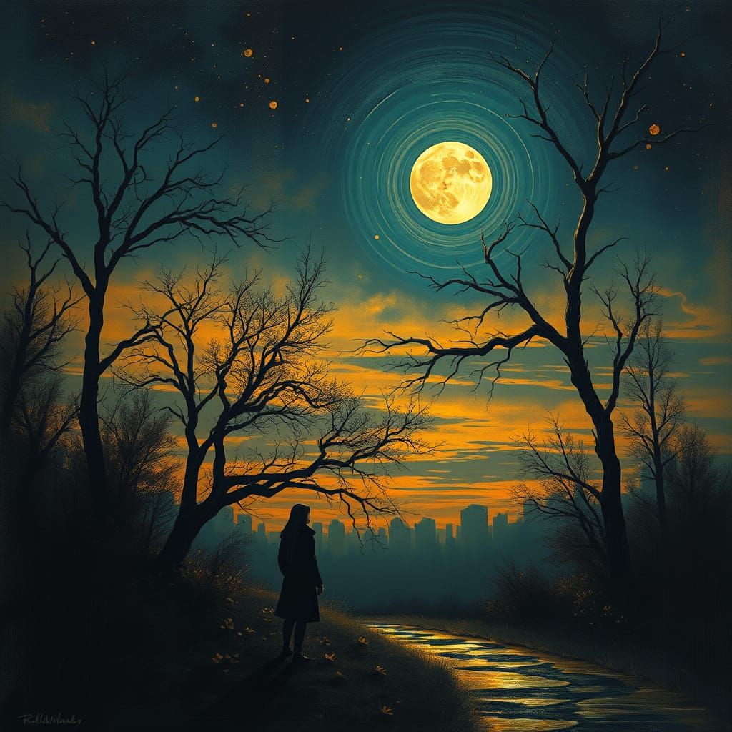 Glowing Autumn Dusk Landscape with Glitchcore Elements