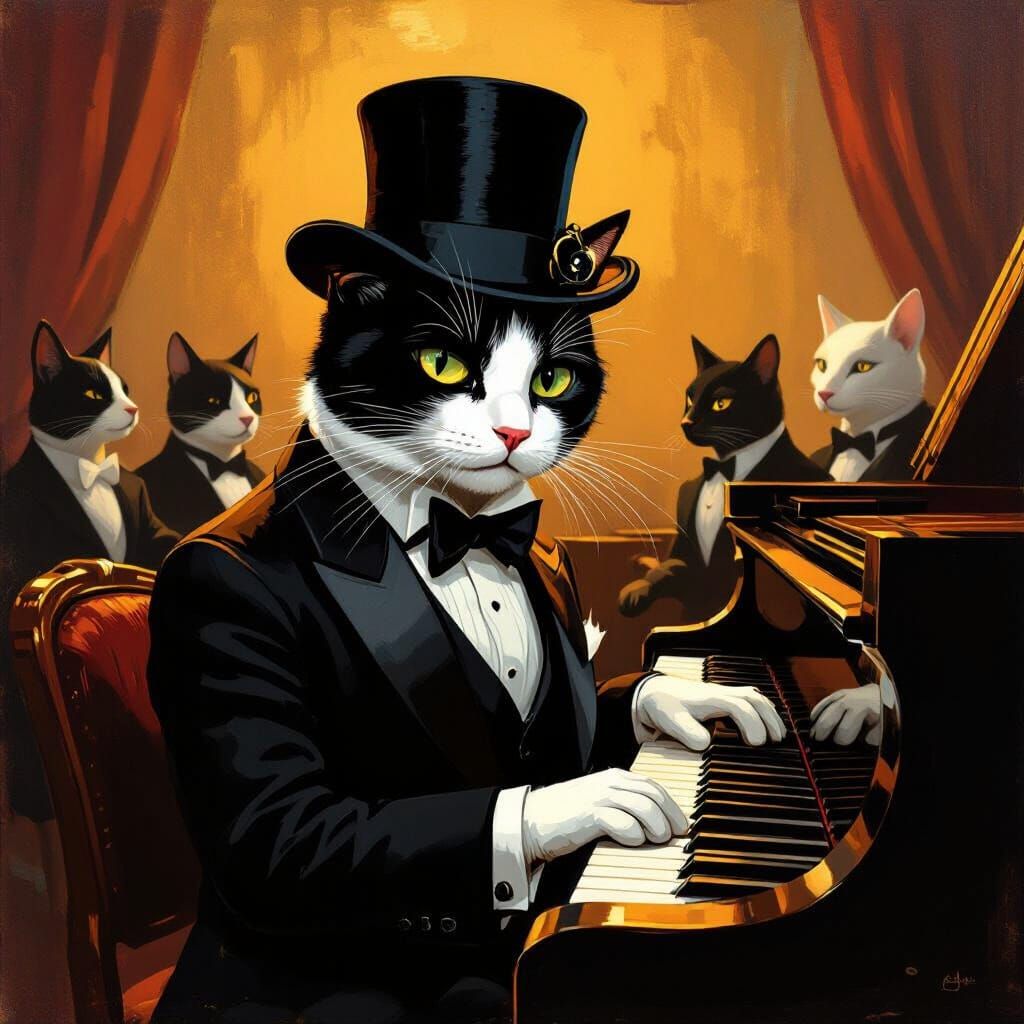 Cat Jazz Pianist in an Edward Hopper Style