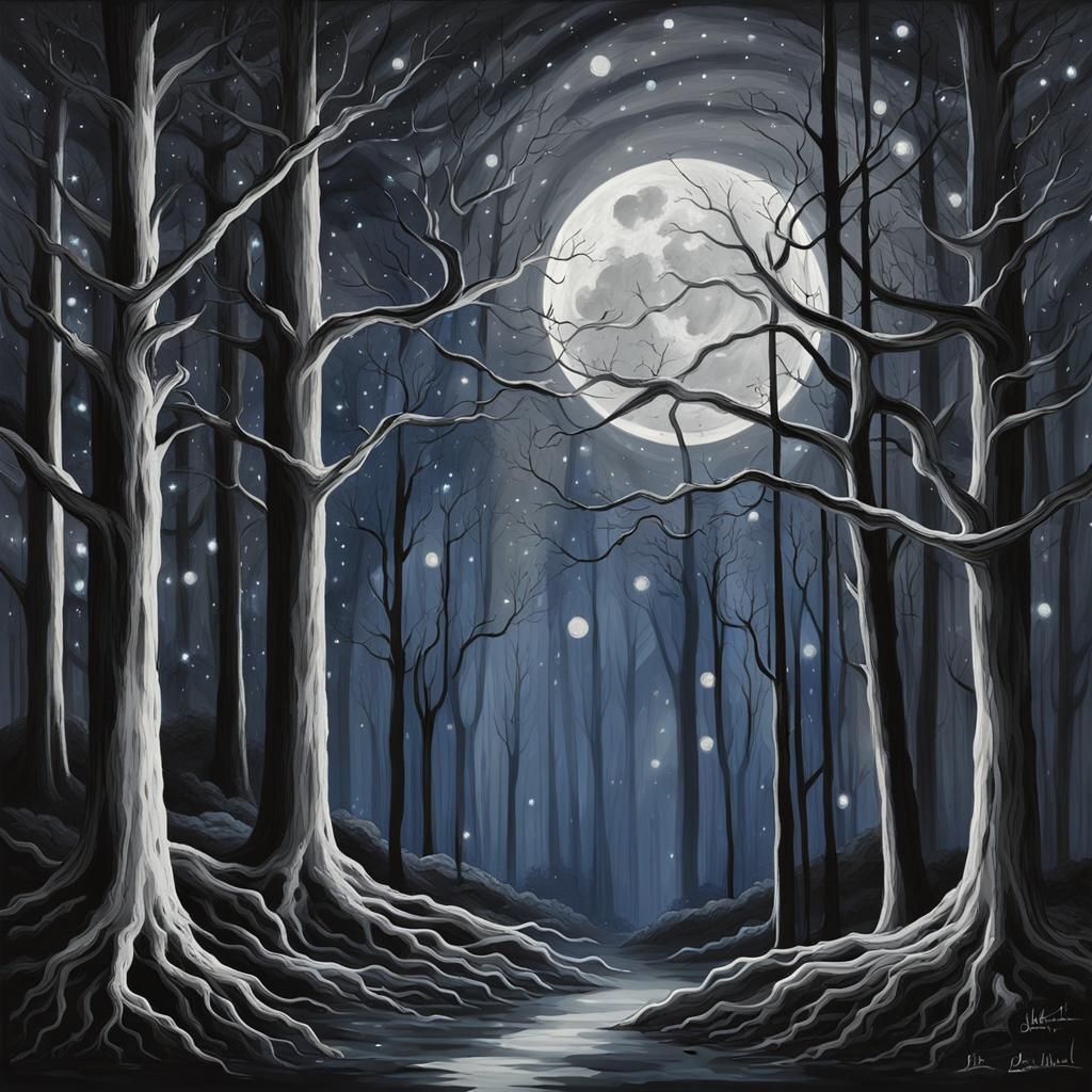 Ethereal Constellations in Moonlit Forest, Anime Style