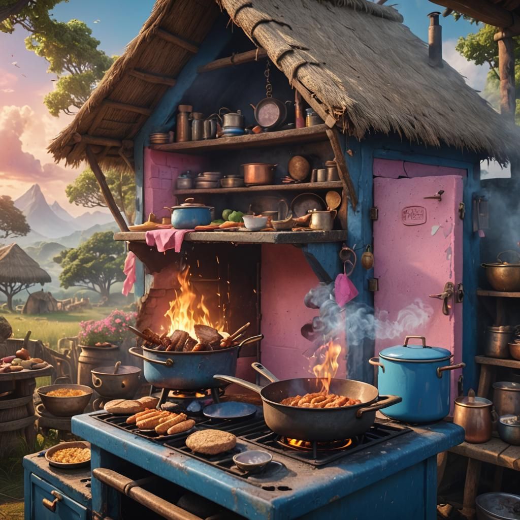 Sizzle Smoke Art: Food on a Colorful Stove