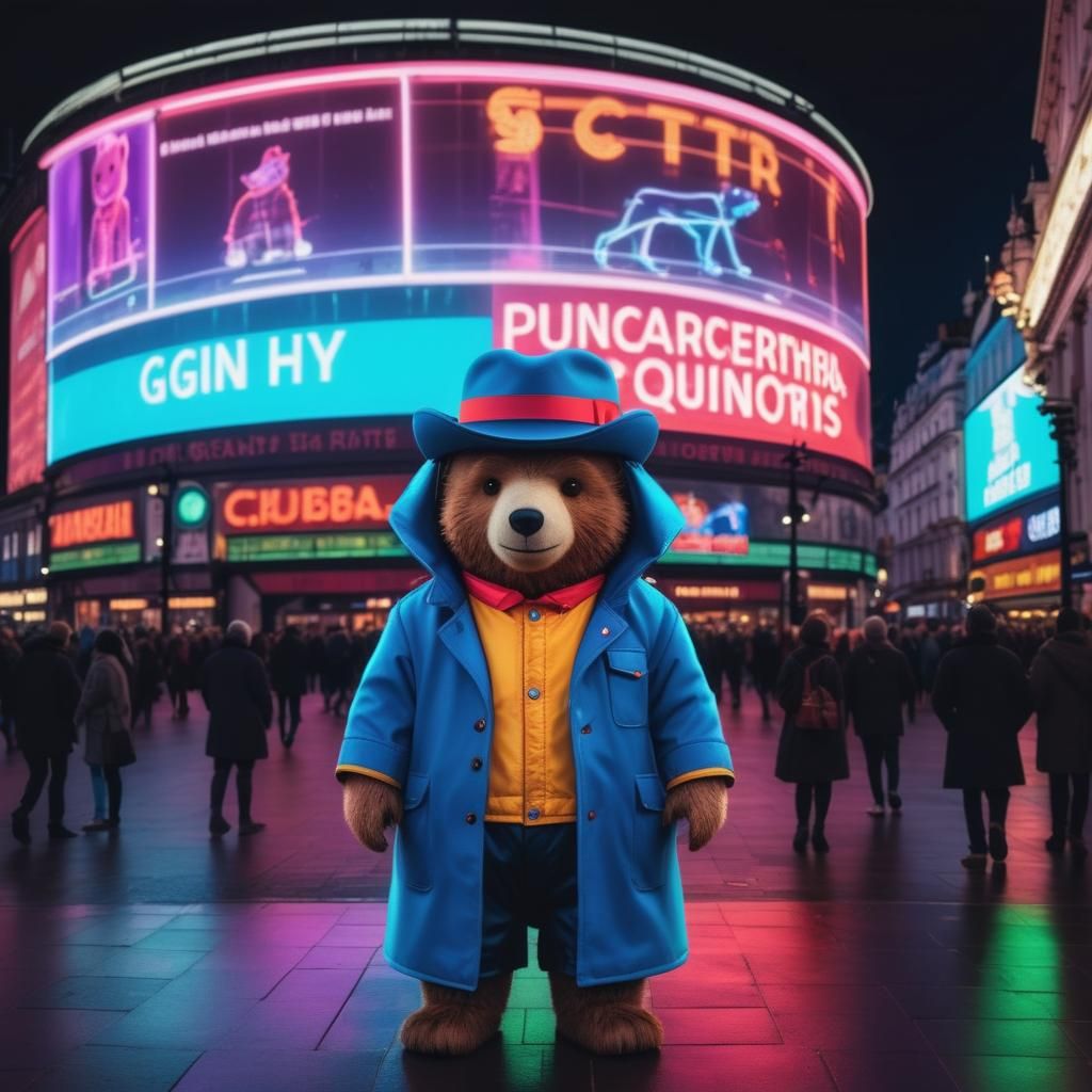 Paddington Bear in Neon-Lit Piccadilly Circus