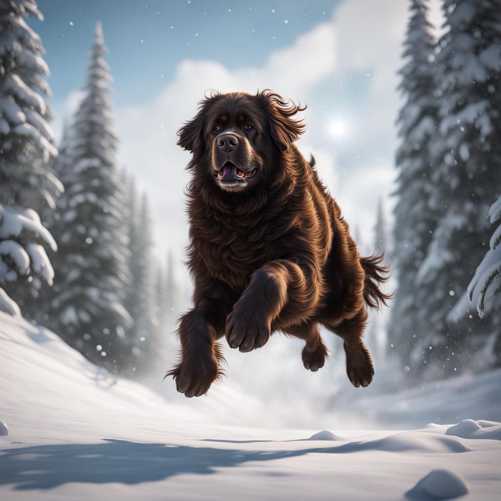 Newfoundland Dog's Joyful Leap in Snowy Landscape