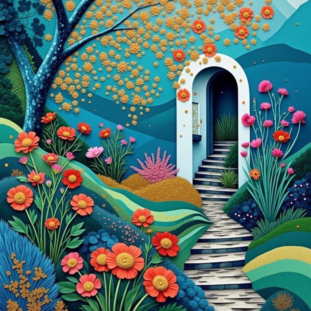 Vibrant Abstract Collage of an Italian Courtyard in a Medite...