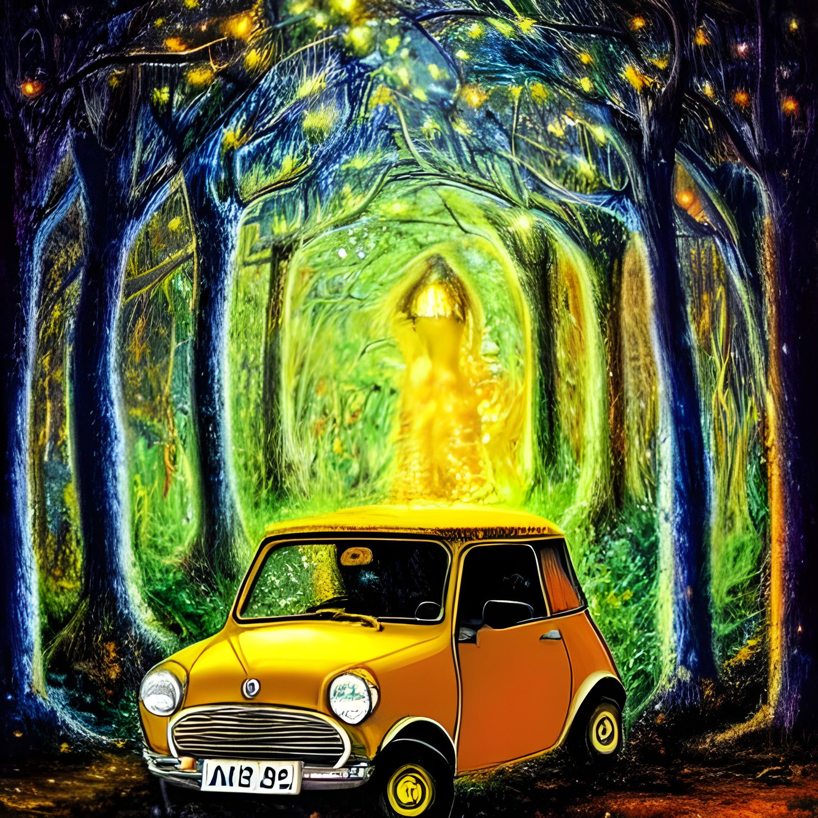 Austin Mini in Enchanted Forest at Night