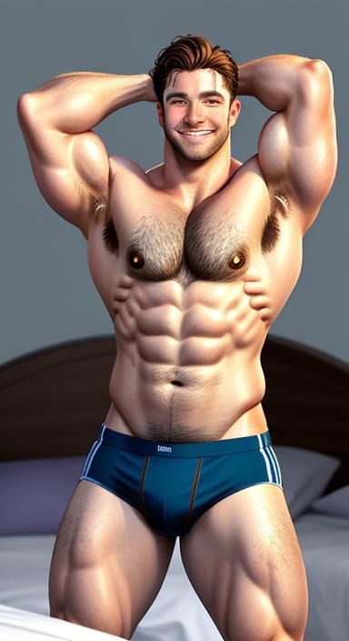 Sweaty, Muscular Man Flexing Biceps in Bed