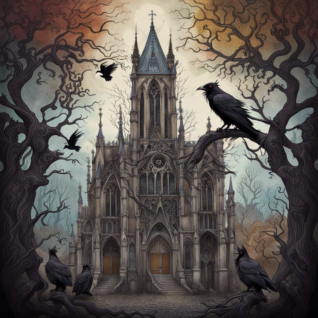 Miniature Gothic Church with Raven, Watercolor Art