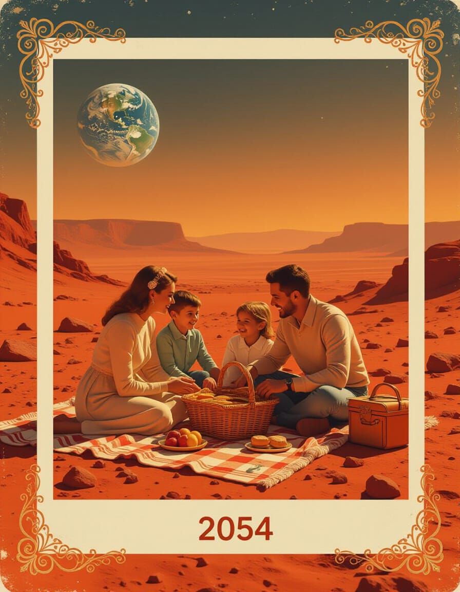 Rococo-Framed Mars Picnic in Retro Polaroid Style