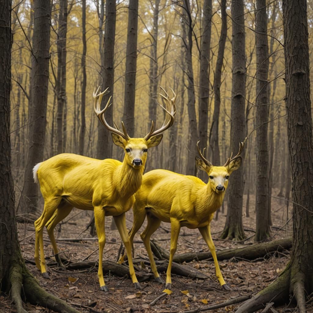 Yellow mutant deer in woods