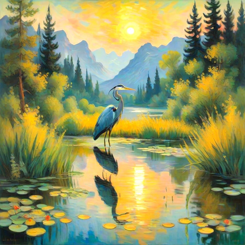 A Heron in Neo-Impressionist Splendor at Dusk