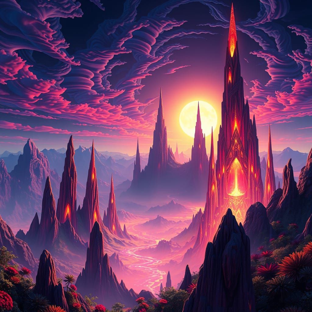 Breathtaking Ethereal Landscape with Glowing Spires and Irid...