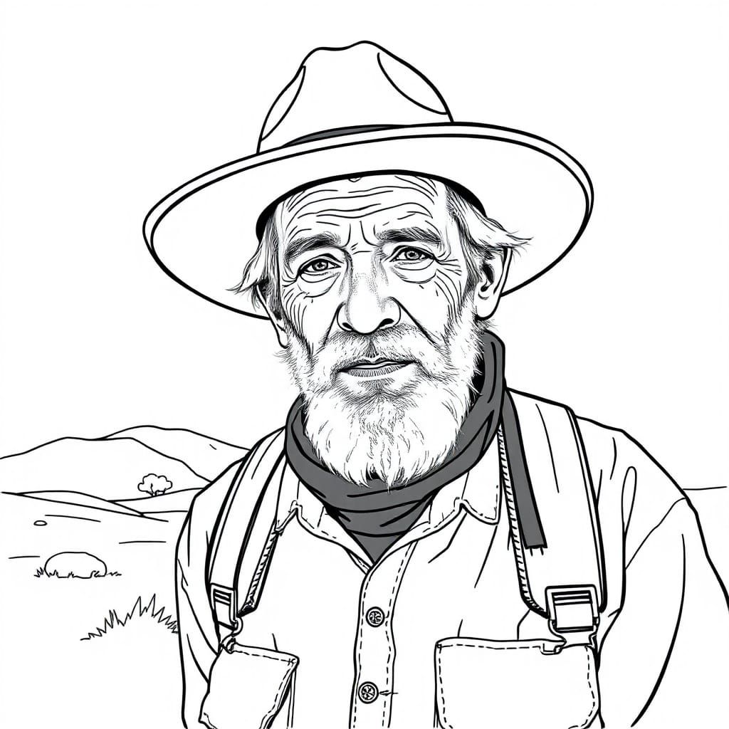 Old Man in Magaliesberg Landscape Line Drawing