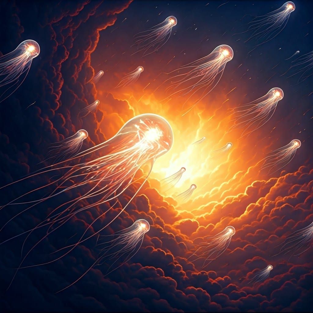 Glowing Alien Lifeforms Drift Through Cosmic Storm