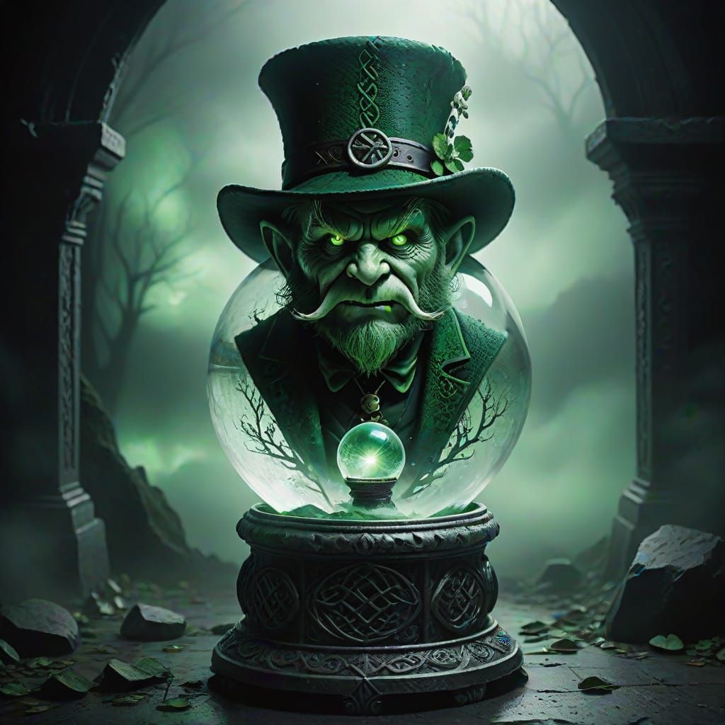 Mystical Leprechaun Trapped in Crystal Ball Pedestal