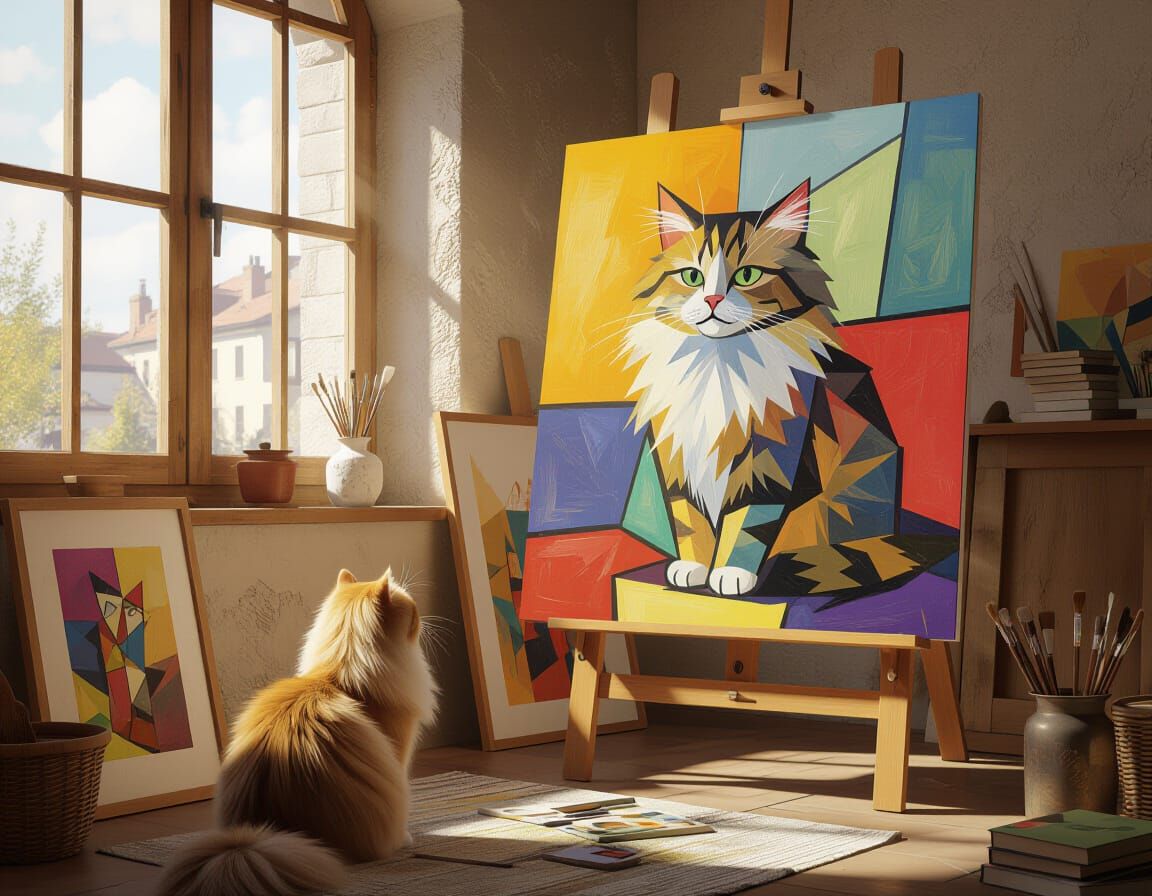 Impressionist Cat Views Cubist Self-Portrait