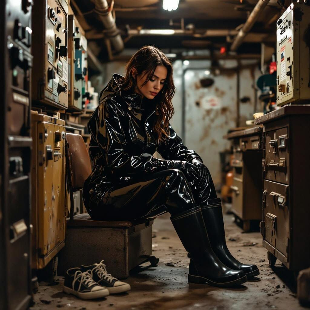 Woman in Rain Suit in Cluttered Basement