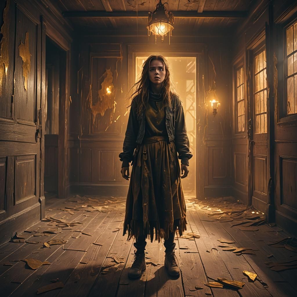 Scared Girl in Haunted House with Golden Aura