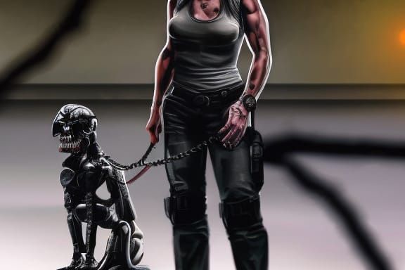 Sarah Connor Leashes Terminator: Digital Art Photoillustrati...