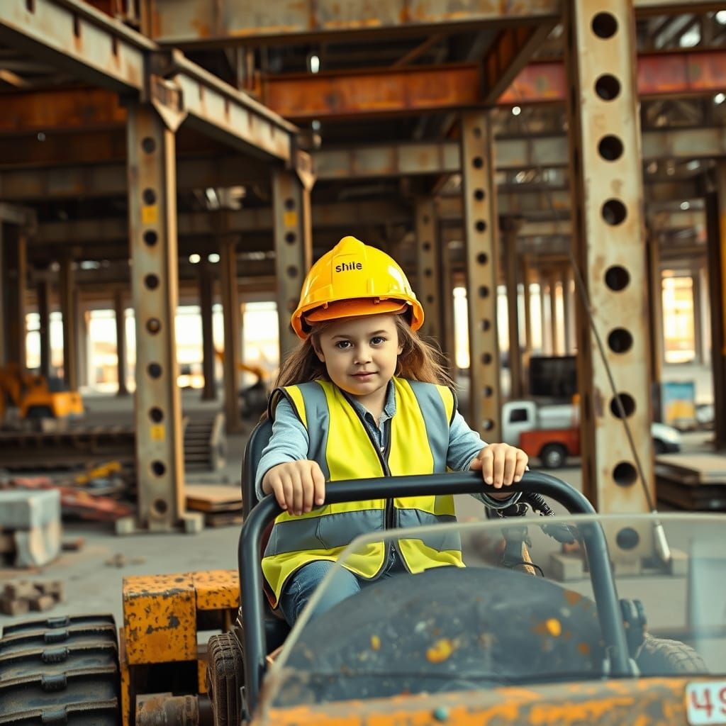Girl Operates Bulldozer on Construction Site