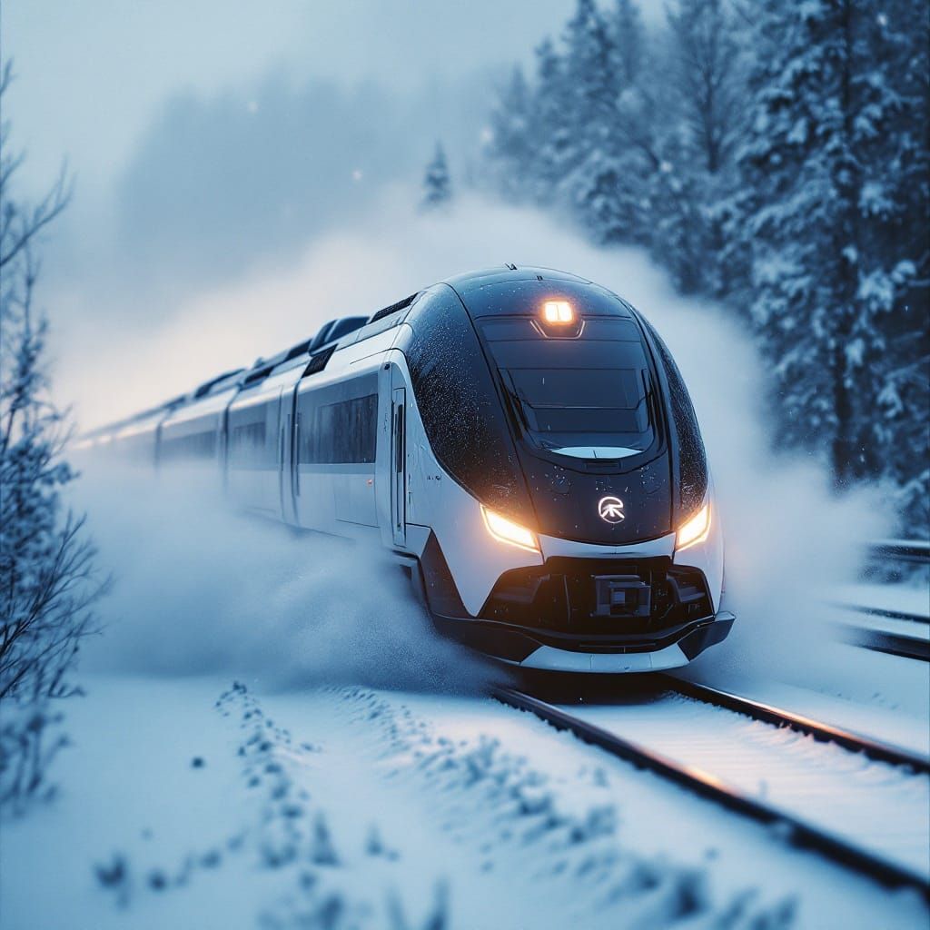 Hyper Modern Train Speeds Through Snowy Skies