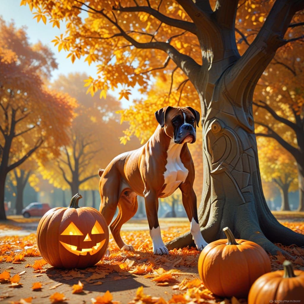 Boxer Carves Pumpkin in Abstract Cubist Style