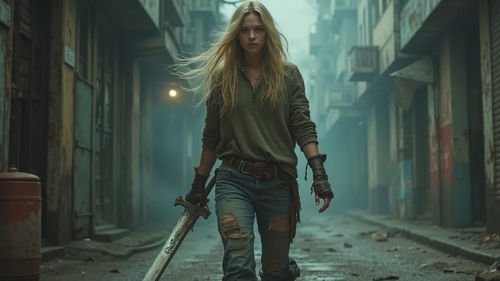 Gritty Warrior Woman in Cinematic Action Pose
