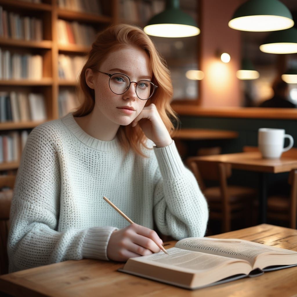 Cozy Café Scene with Young Woman Reading