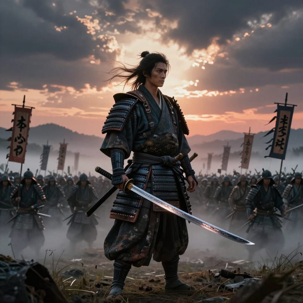 Ancient Samurai Warrior Faces Vast Army at Dawn