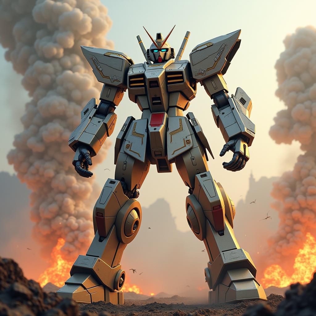 Gundam Robot Confronts Dragon in Fiery Landscape