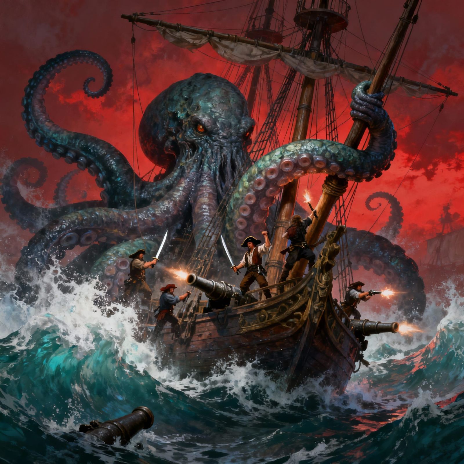 Massive Kraken Attacks Pirate Ship in Red Sky