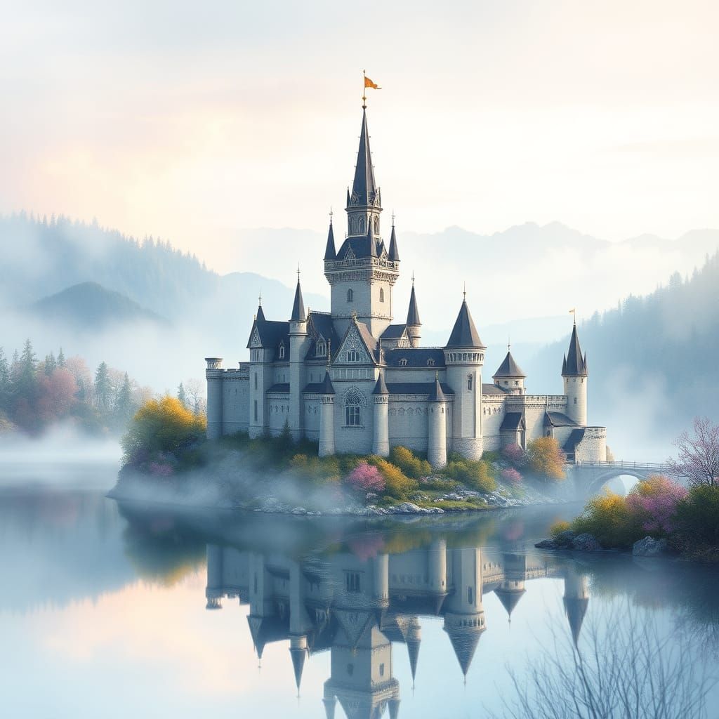 ultra realistic 3D watercolor alcohol ink Castle , lake and river penbroke , pastel