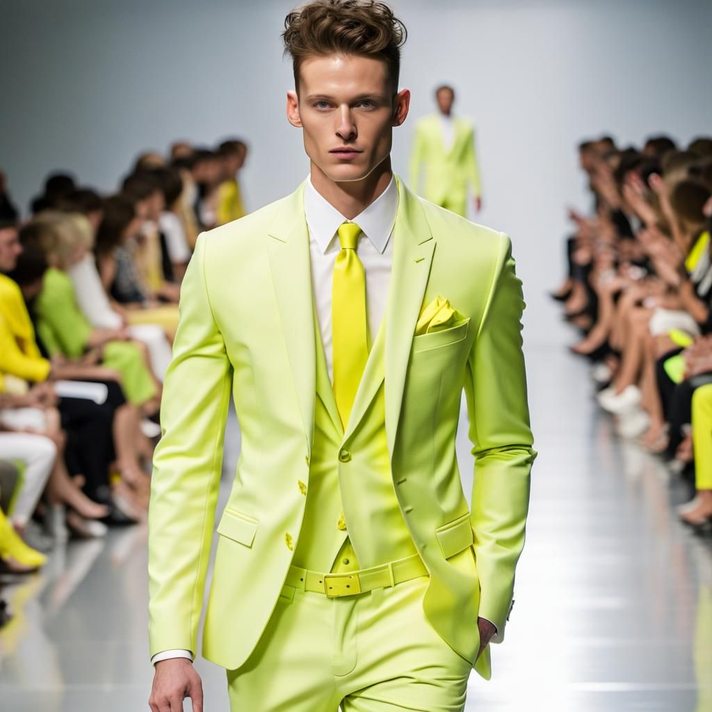 detailed male model on the runway wearing a lemon lime suit, fashion show, runway.