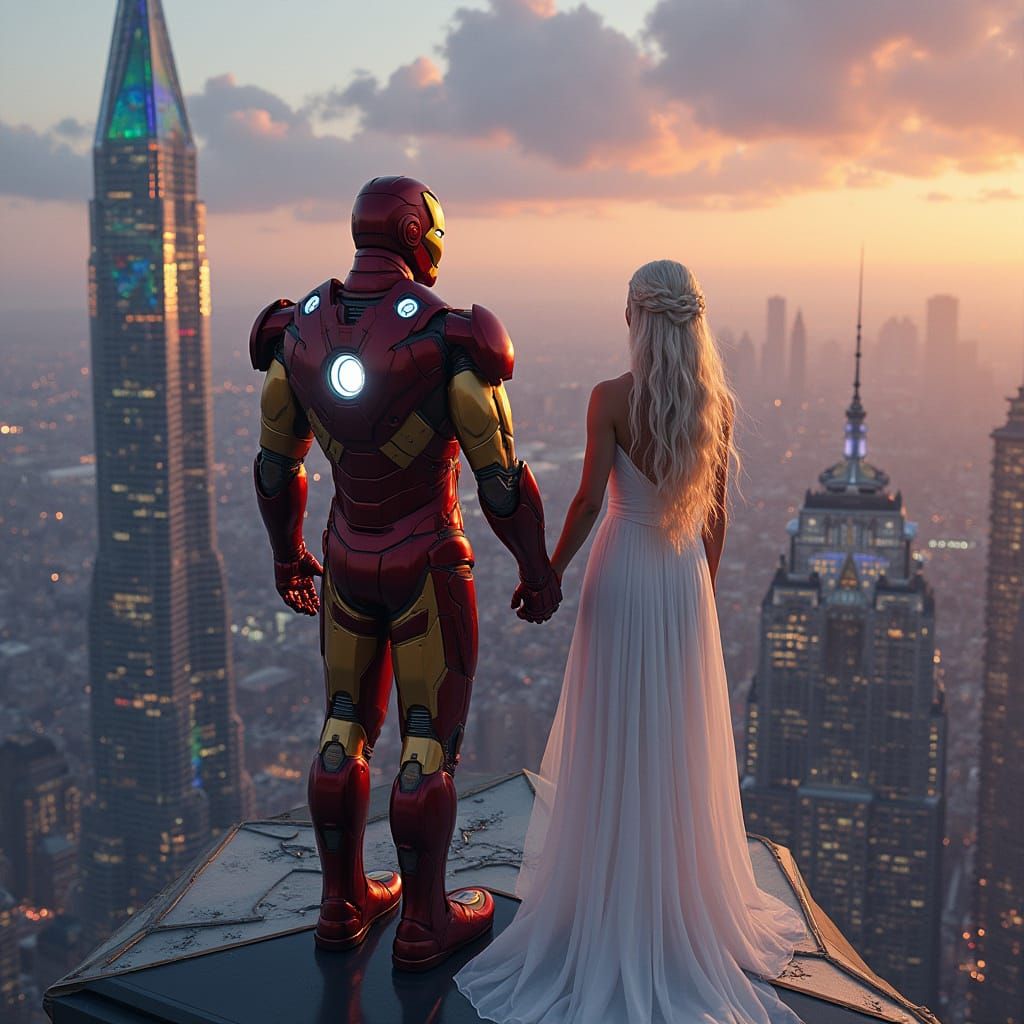 Ironman and Daenerys in Stained Glass City, Syd Mead Style