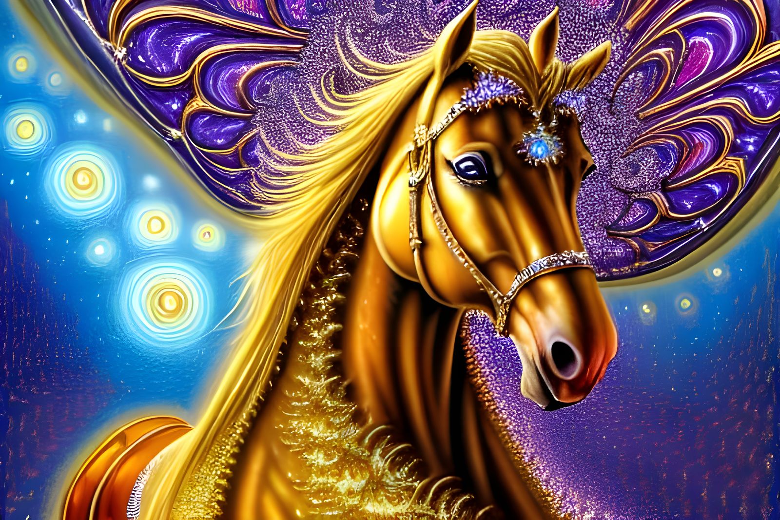 Golden Fractal Horse in Digital Oil Painting Style
