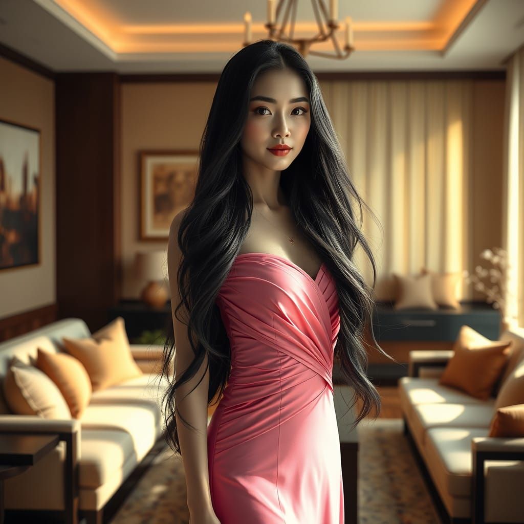 Elegant Chinese Woman in Sunlit Living Room