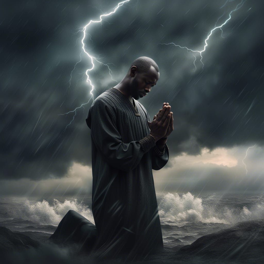 Dramatic Image of a Black Man Praying in a Storm